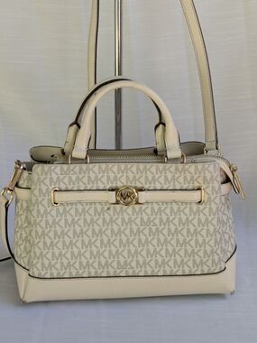 Michael Kors Cream and Beige MK Logo Satchel with Gold Hardware
